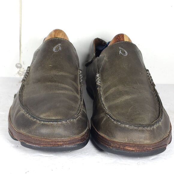 OluKai Men's Moloa US 10,5 Brown Leather Flats Loafer Slippers Shoes - Picture 5 of 14